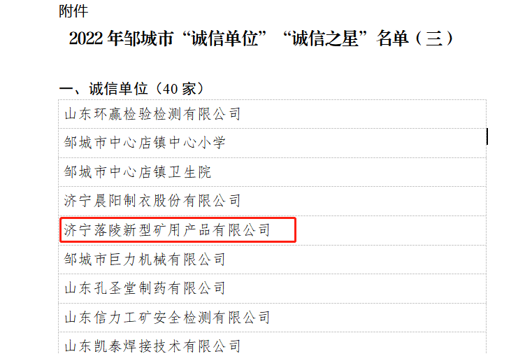 山东盛源:矿用产品公司获“2022年度邹城市诚信单位”荣誉称号(王宽、时丽丽)