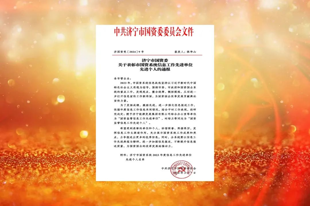 山东盛源荣获济宁市国资系统2023年度信息工作先进单位称号